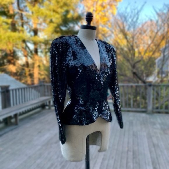 Vintage 80s Black Sequined Silk Peplum Blazer Formal Holiday Jacket Oleg Cassini - Picture 10 of 14